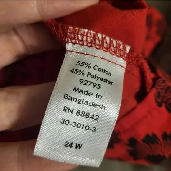 #78 Roaman's Red Black Floral Womens Button Up Shirt, Plus Size 24W - Picture 5 of 9